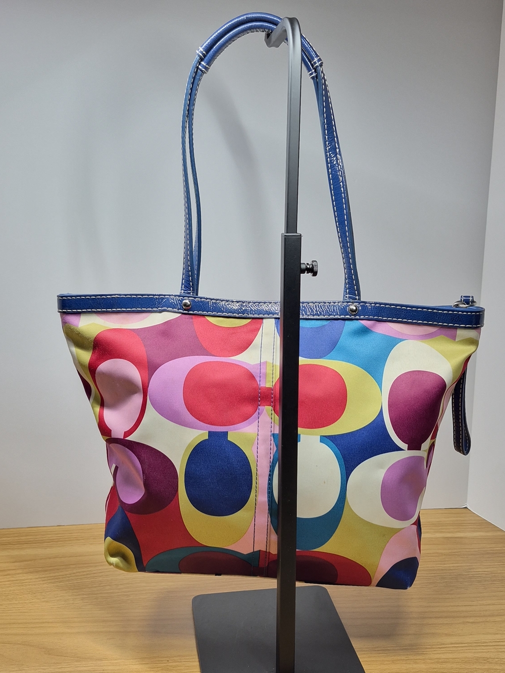 Coach Multicolor Signature Circle Satin Tote - Blue Trim - Picture 4 of 15